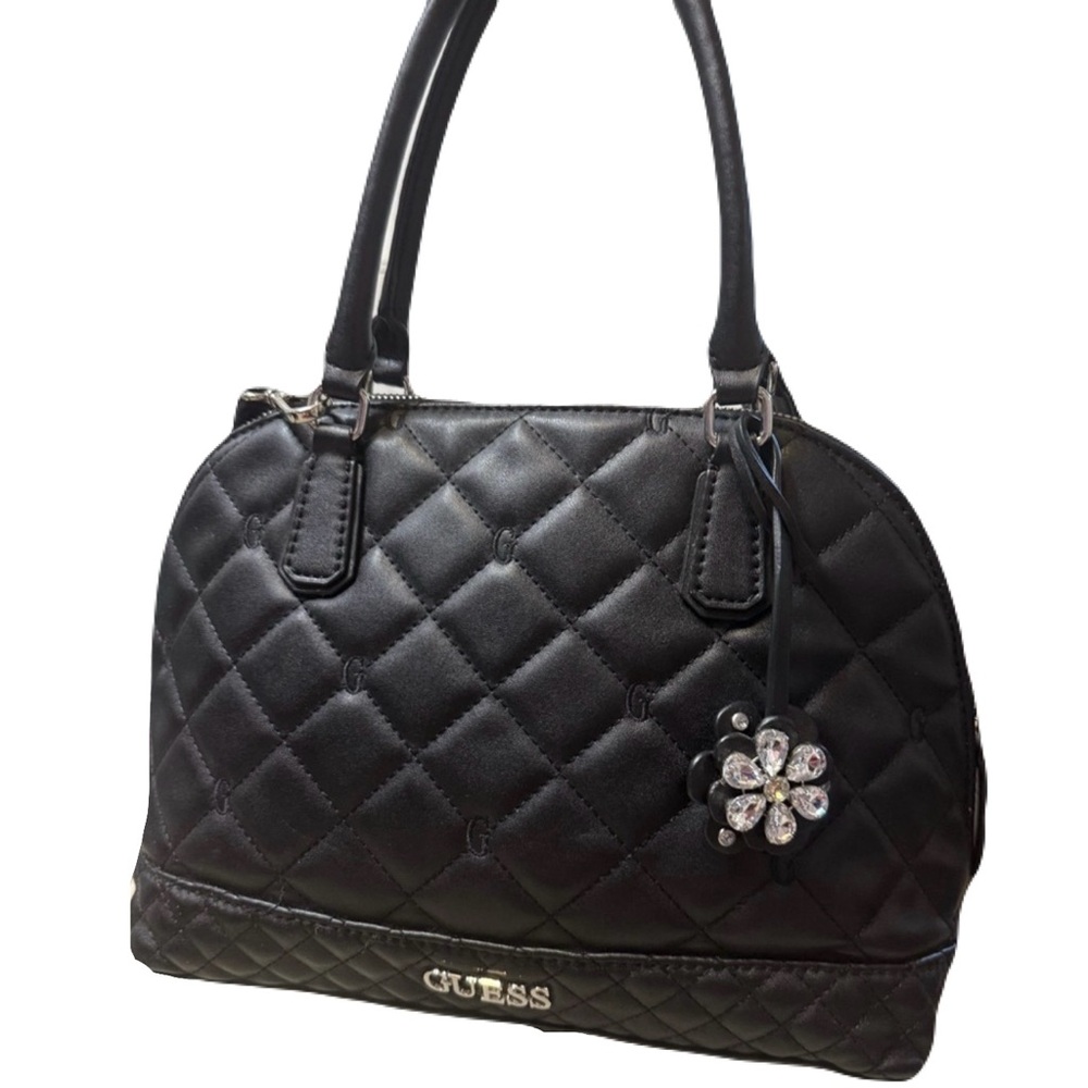 Black Quilted Floral Satchel by GUESS